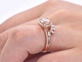 Round Morganite Baguette Diamond Tiara Bridal Set 14k Rose Gold