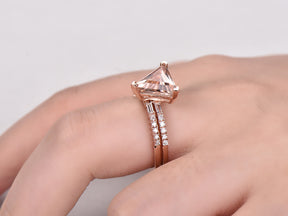 Reserved for Dulcinel Trillion Morganite Ring Bridal Sets Baguette Diamond Euro Shank 14K Rose Gold 9mm