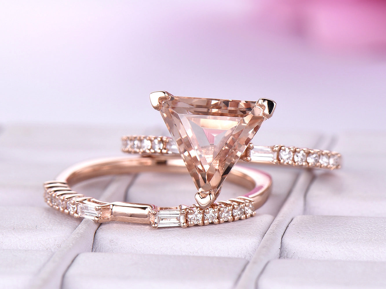 Reserved for Dulcinel Trillion Morganite Ring Bridal Sets Baguette Diamond Euro Shank 14K Rose Gold 9mm