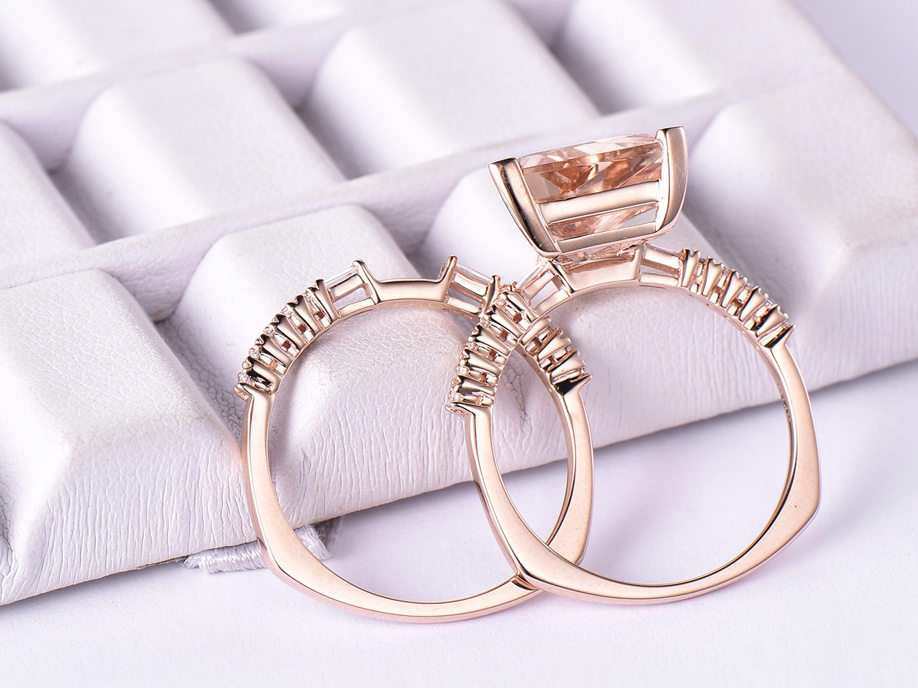Reserved for Dulcinel Trillion Morganite Ring Bridal Sets Baguette Diamond Euro Shank 14K Rose Gold 9mm