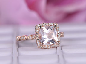 Art Deco Princess Morganite Diamond Accents Halo 14K Rose Gold