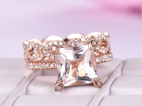 Princess Morganite Hidden Halo Diamond Infinite Love Bridal Set