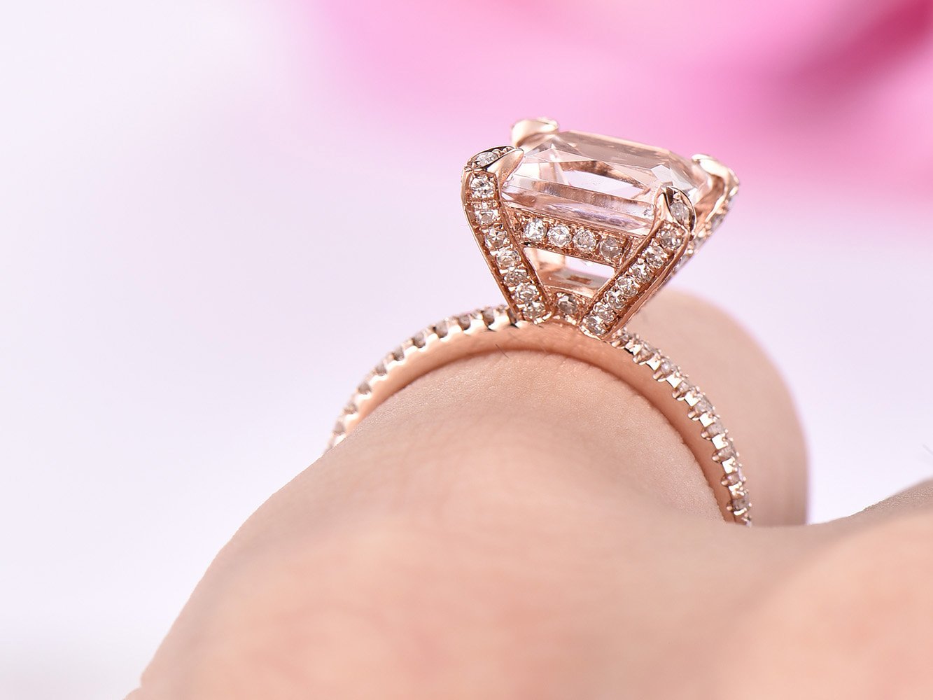 Princess Morganite Hidden Halo Diamond Prongs Ring