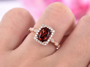 Art Deco Cushion Garnet Diamond Engagement Ring