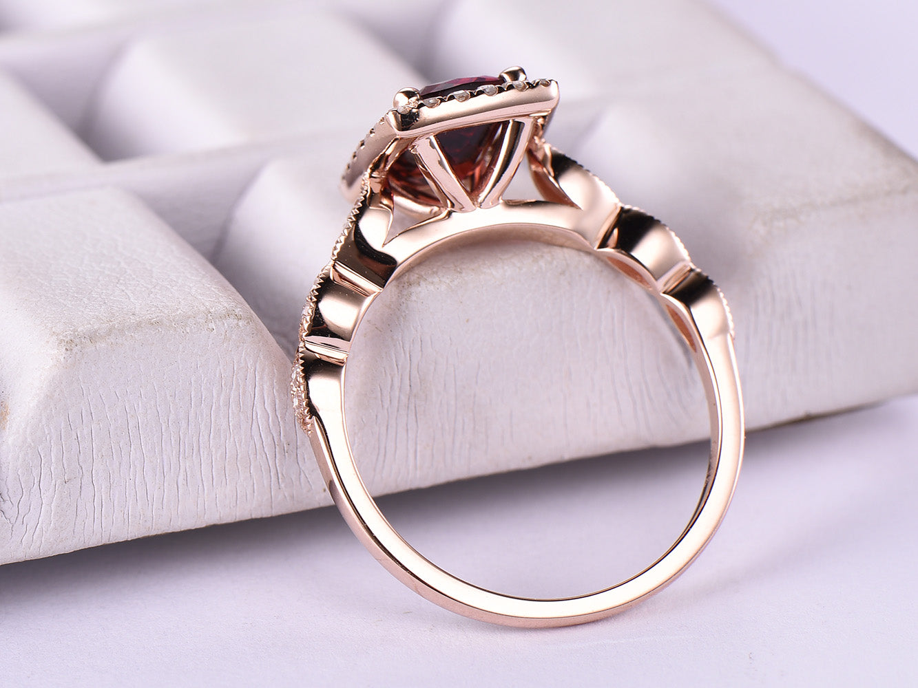 Art Deco Cushion Garnet Diamond Engagement Ring