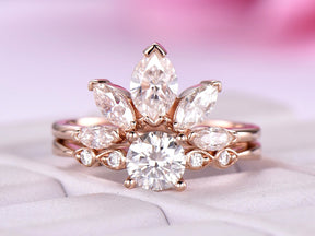 Tiara Round Moissanite Engagement Ring  Bridal Set