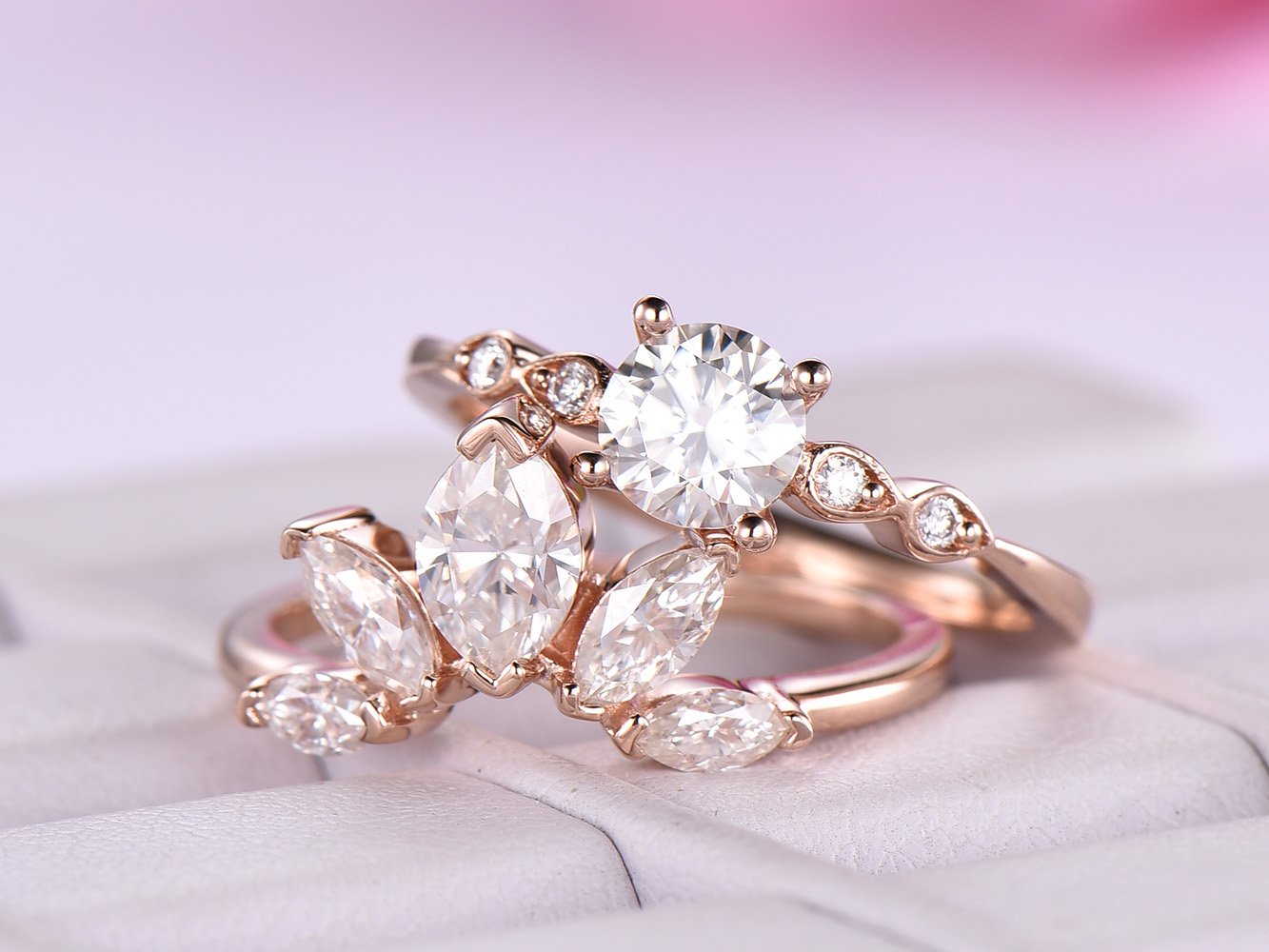 Tiara Round Moissanite Engagement Ring  Bridal Set