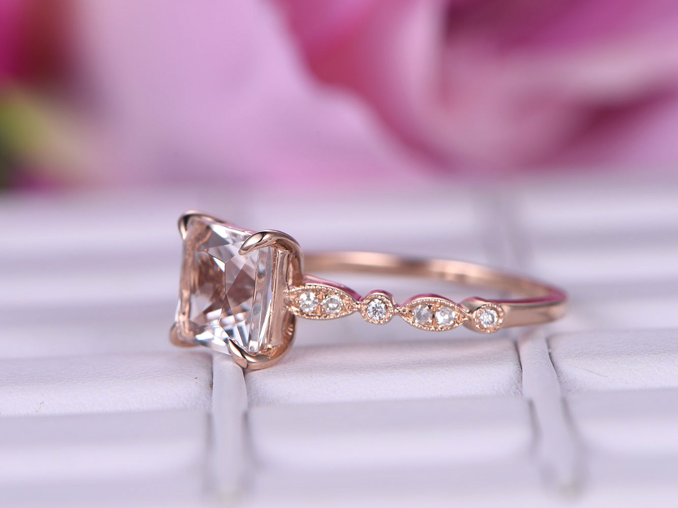 Art Deco Princess Morganite Diamond Ring 14K Rose Gold