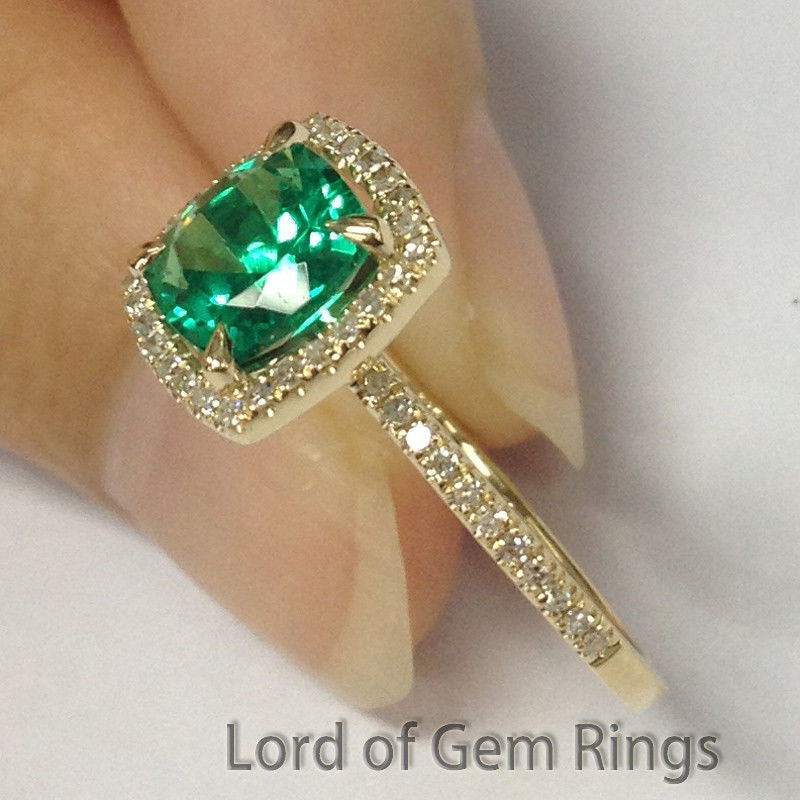 Cushion Emerald Engagement Ring Pave Diamond Wedding 14K Yellow Gold 7mm - Lord of Gem Rings - 2