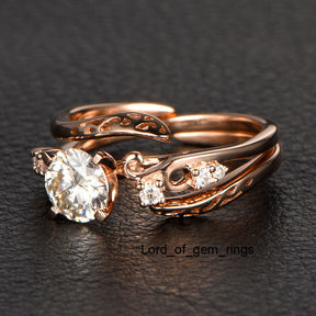 Round Moissanite Engagement Ring VS-H Diamond 14K Rose Gold 6.5mm Unique Band - Lord of Gem Rings - 2