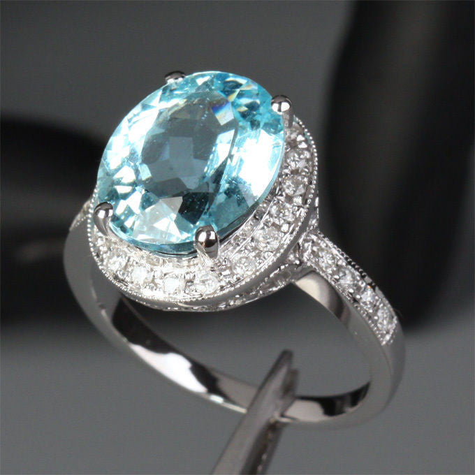Oval Aquamarine Engagement Ring Pave Diamond Wedding 14K White Gold,10x12mm - Lord of Gem Rings - 2