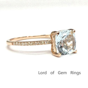 Cushion Aquamarine Engagement Ring Pave Diamond Wedding 14K Rose Gold,8mm - Lord of Gem Rings - 2