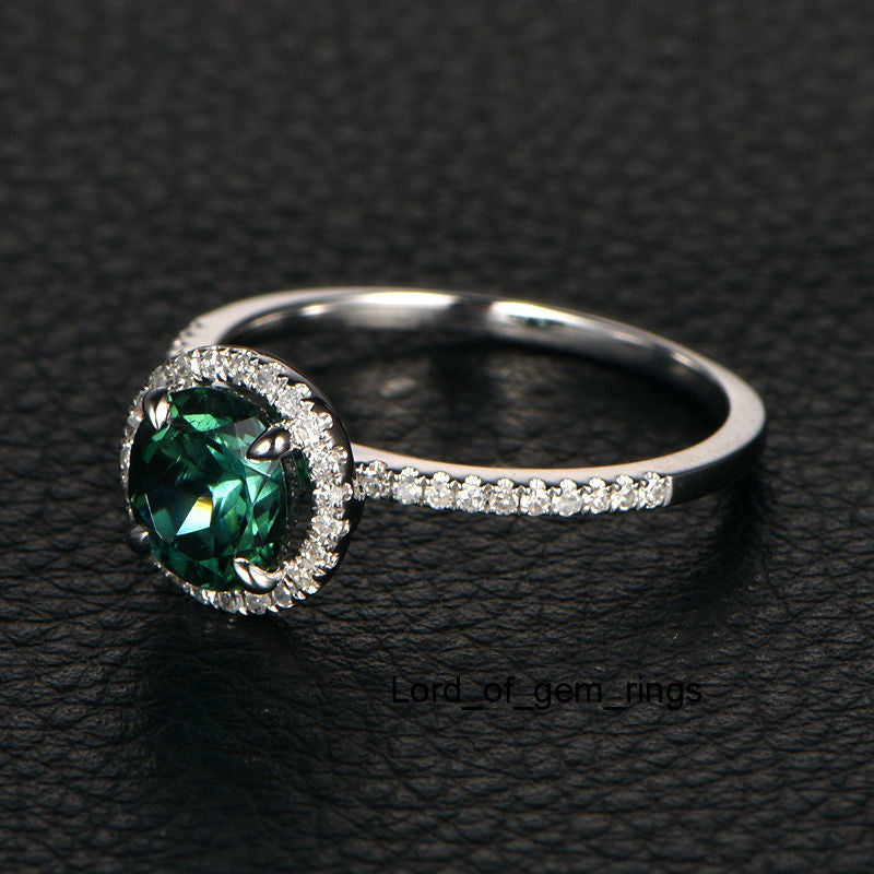 Round Blue Tourmaline Engagement Ring Pave Diamond Wedding 14K White Gold 7mm - Lord of Gem Rings - 2