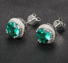 Reserved for Neil, replacement, Round Emerald Stud Earring Diamonds Halo - Lord of Gem Rings - 2
