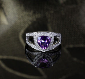 Trillion Amethyst Engagement Ring Pave Diamond Wedding 14k White Gold 8mm - Lord of Gem Rings - 2