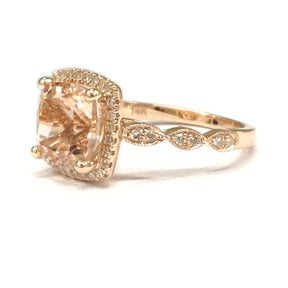 Cushion Morganite Engagement Ring Pave Diamond Wedding 14K Rose Gold 8mm, Art Deco Antique - Lord of Gem Rings - 2