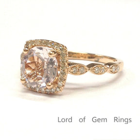 Round Morganite Engagement Ring Pave Diamond Wedding 14K Rose Gold 7mm,Cushion Halo Art Deco Antique - Lord of Gem Rings - 3