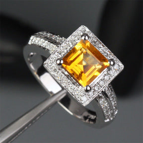 Asscher Citrine Halo Ring with Double Row Diamond Shank