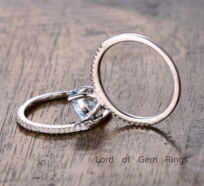 Round Aquamarine Engagement Ring Sets Pave Diamond  Wedding 14K White Gold 7mm - Lord of Gem Rings - 2