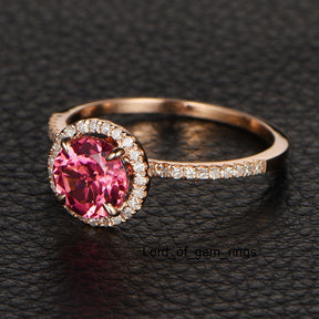 Round Pink Tourmaline Engagement Ring Pave Diamond Wedding 14K Rose Gold 7mm - Lord of Gem Rings - 2