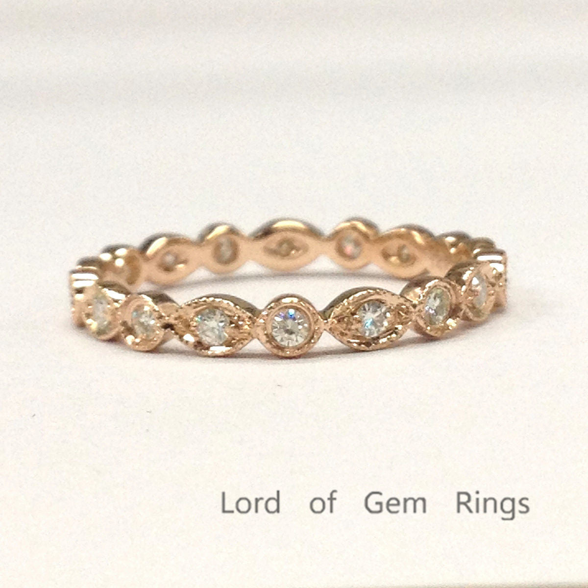 Moissanite Wedding Band Eternity Anniversary Ring 18K Rose Gold, Bezel, Art Deco Antique - Lord of Gem Rings - 2