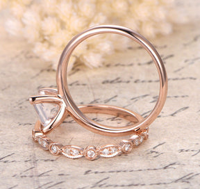 Princess Morganite Engagement Ring Sets Pave Diamond Wedding 14K Rose Gold 7mm - Lord of Gem Rings - 2