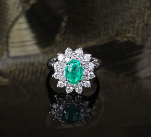 Oval Emerald Engagement Ring Diamond Wedding 14k White Gold Flower - Lord of Gem Rings - 2