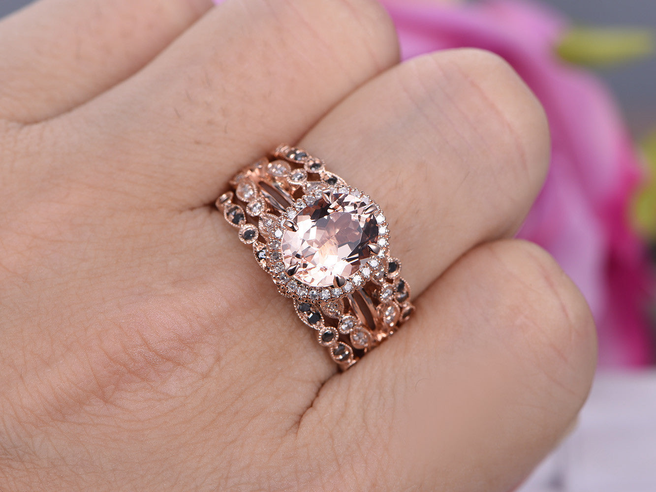 Reserved for junglistways  Oval Morganite Engagement Ring Trio Sets Peridot  Wedding 14K Rose Gold