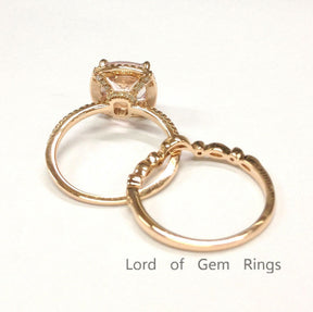 Reserved for Frank, Retangular Cushion Pink Morganite Engagement Ring Bridal Sets Pave Diamond 14K Rose Gold - Lord of Gem Rings - 5
