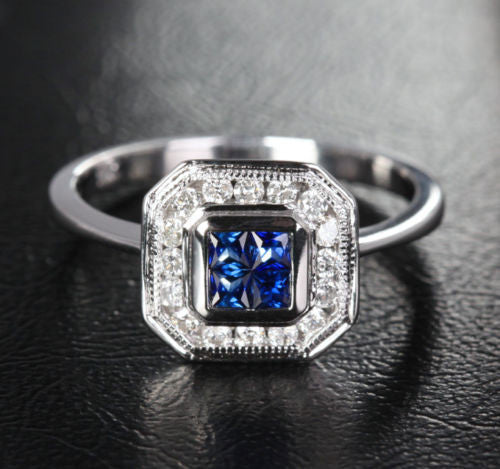 Princess Sapphire Engagement Ring Pave Diamond Wedding 14k White Gold 0.98ct Invisible Diamonds - Lord of Gem Rings - 2