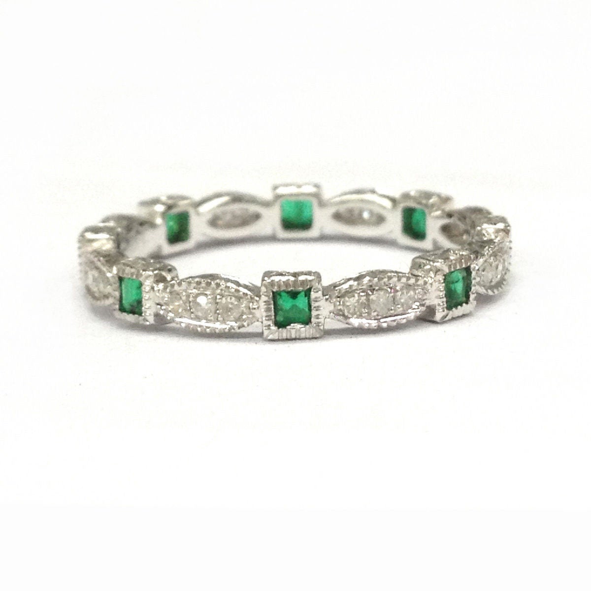 Art Deco Princess Emerald Diamond May Birthstone Band with Milgrain