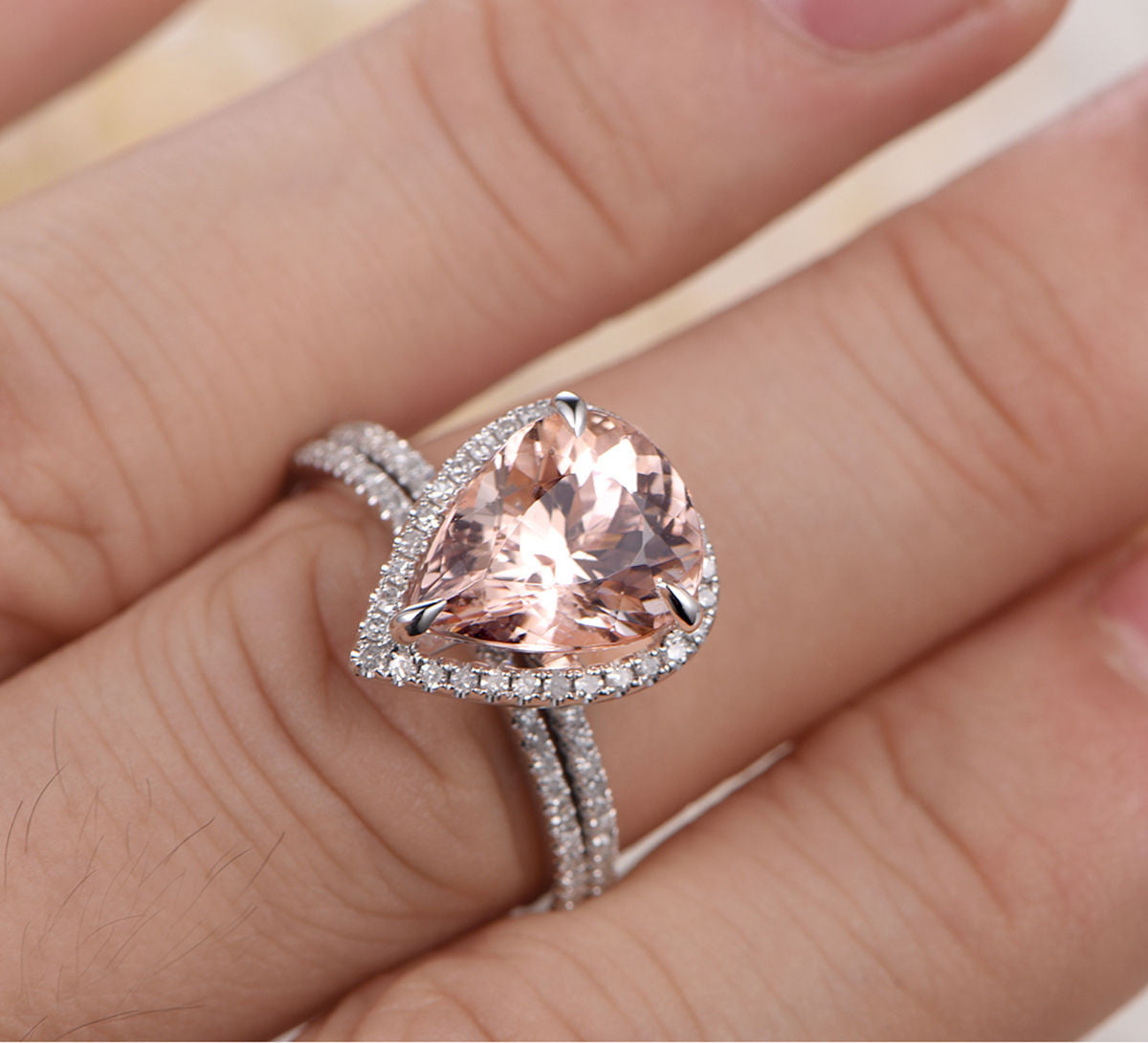 Pear Morganite Engagement Ring Sets Pave Diamond Wedding 14K White Gold 10x12mm - Lord of Gem Rings - 2