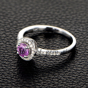 Round Pink Sapphire Engagement Ring Pave Diamond Wedding 14K White Gold 5mm - Lord of Gem Rings - 2