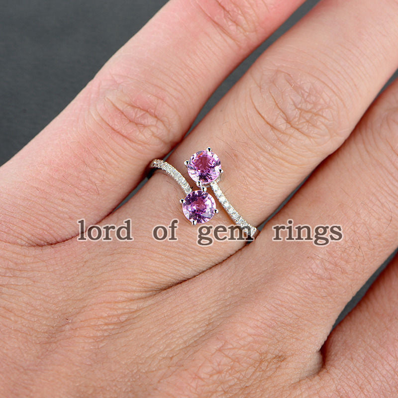 Double Round Pink Sapphire Engagement Ring Pave Diamond Wedding 14K White Gold Curved - Lord of Gem Rings - 2