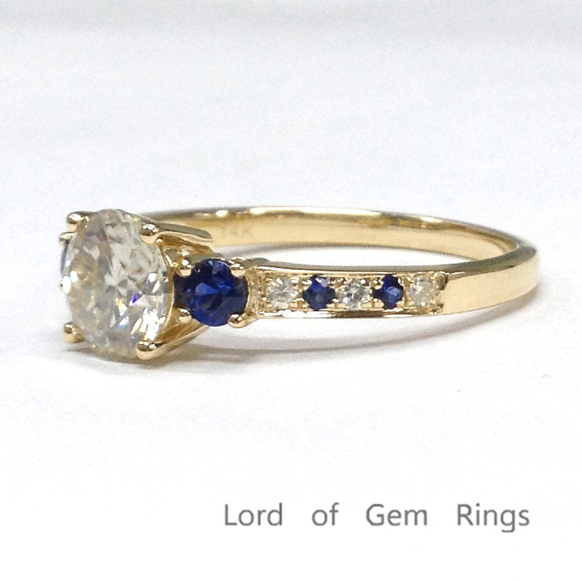 Round Moissanite Engagement Ring Pave Sapphire Moissanite Wedding 14K Yellow Gold 6.5mm - Lord of Gem Rings - 2