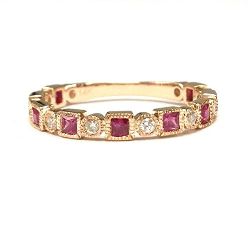 Princess Ruby Diamond Wedding Band 3/4 Eternity Anniversary Ring 14K Rose Gold - Lord of Gem Rings - 2