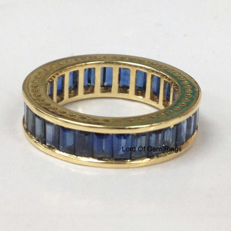 Baguette Blue Sapphire Wedding Band Eternity Anniversary Ring 18K Yellow Gold 4.10ct - Lord of Gem Rings - 2