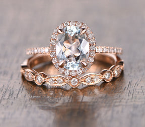 Oval Aquamarine Engagement Ring Sets Pave Diamond Wedding 14K Rose Gold 6x8mm Art Deco - Lord of Gem Rings - 1
