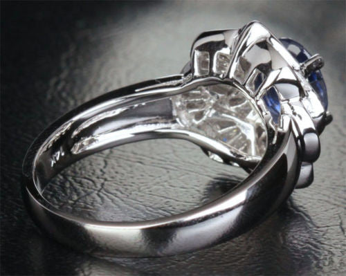 Sapphire Engagement Ring Baguette Diamond Wedding 14k White Gold 1.45ct  Flower - Lord of Gem Rings - 2