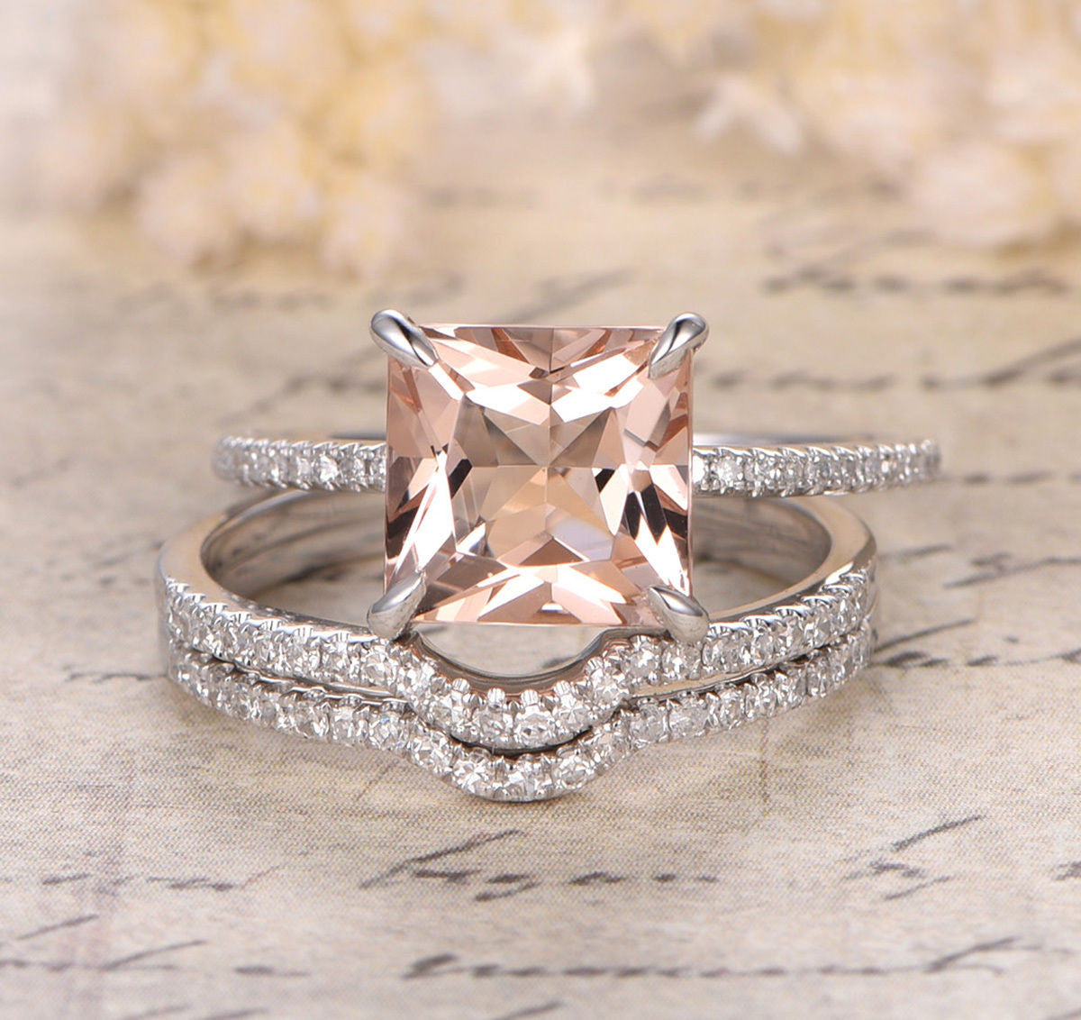Princess Morganite Engagement Ring 3 Bridal Set Pave Diamond Wedding 14K White Gold 8mm - Lord of Gem Rings - 3