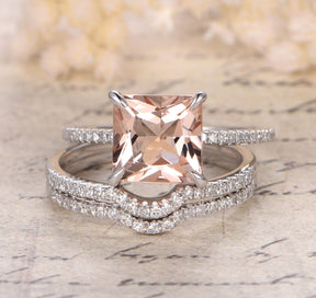 Princess Morganite Engagement Ring 3 Bridal Set Pave Diamond Wedding 14K White Gold 8mm - Lord of Gem Rings - 3