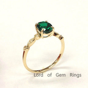 Oval Emerald Engagement Ring Pave  Diamond Wedding 14K Yellow Gold 6x8mm  Art Deco - Lord of Gem Rings - 2