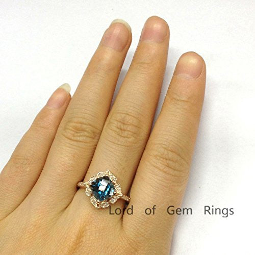 Cushion London Blue Topaz Engagement Ring Pave Diamond Wedding 14K Rose Gold,8mm,Floral Style - Lord of Gem Rings - 2