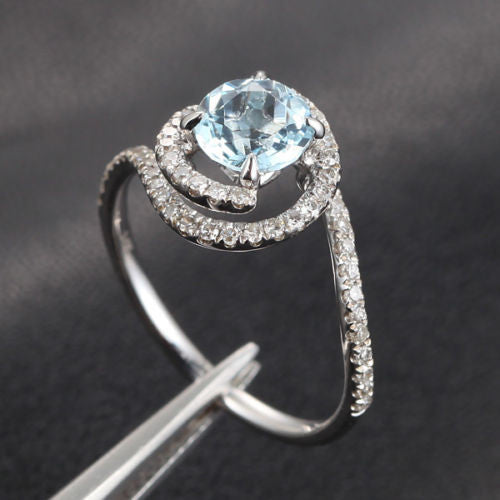 Round Aquamarine Engagement Ring Pave Diamond Wedding 14K White Gold 6mm  Claw Prong - Lord of Gem Rings - 2
