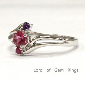 Round Red Tourmaline Engagement Ring Ruby&Amethyst Wedding 14K White Gold, 4mm, 2mm - Lord of Gem Rings - 2