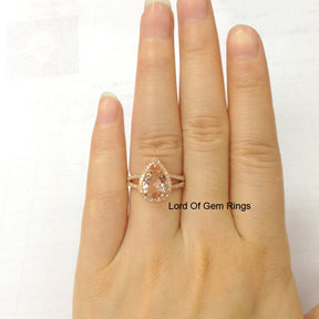 Pear Morganite Engagement Ring Pave Diamond Wedding 14K Rose Gold 8x12mm - Lord of Gem Rings - 3