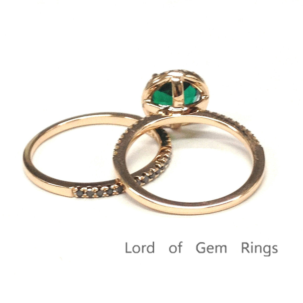 Round Emerald Engagement Ring Sets Pave Black Diamond Wedding Band 14K Rose Gold 7mm - Lord of Gem Rings - 2