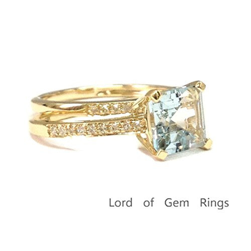 Asscher Cut Aquamarine Engagement Ring Sets Pave Diamond Wedding 14K Yellow Gold,6.5mm - Lord of Gem Rings - 2