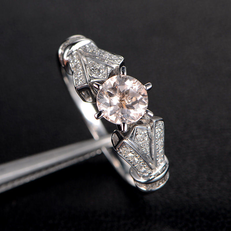 Round Morganite Engagement Ring Diamond Wedding 14K White Gold 6.5mm Antique Art Deco,6 prongs - Lord of Gem Rings - 2