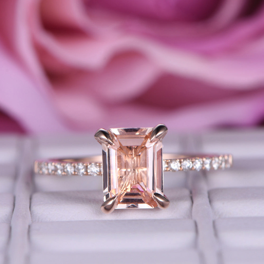 Reserved for AAA: Emerald Cut Morganite Ring Pave Full Cut Diamond Shank 14K Yellow Gold 6x8mm